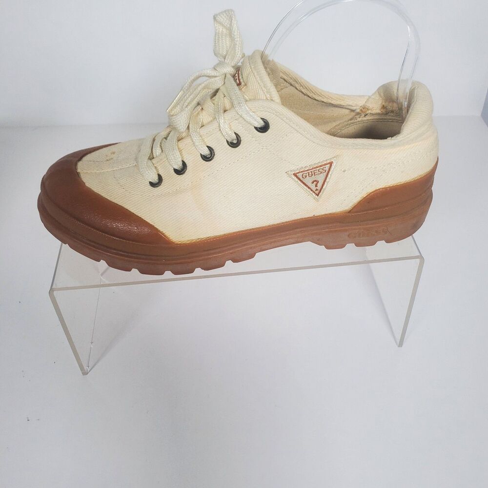 VTG Guess Sneakers Women's Size 6 Cream Brown Flatrock Low Canvas Logo 90s Y2K